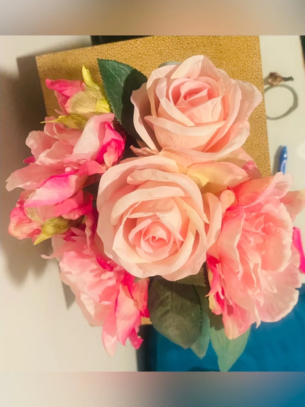 Blush Pink Faux Rose Arrangement in Amber Glass Vase | Boho Coastal Vanity Decor